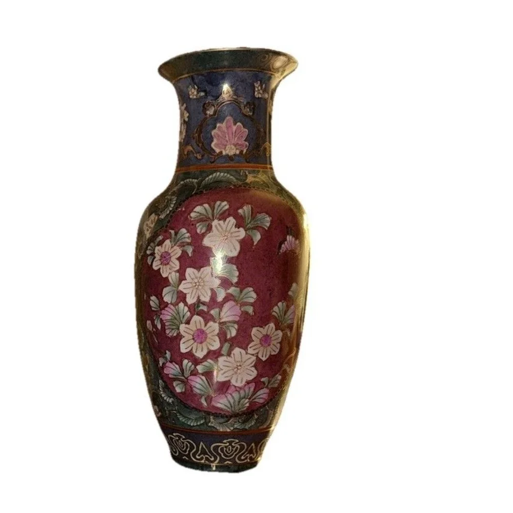 Vintage Cloisonné Style Floral Butterfly Vase Asian Decor Enamel Motif